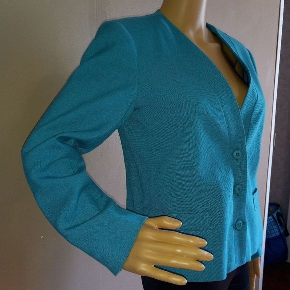 Dimension V petite 80s vtg aqua vneck blazer - Picture 4 of 7